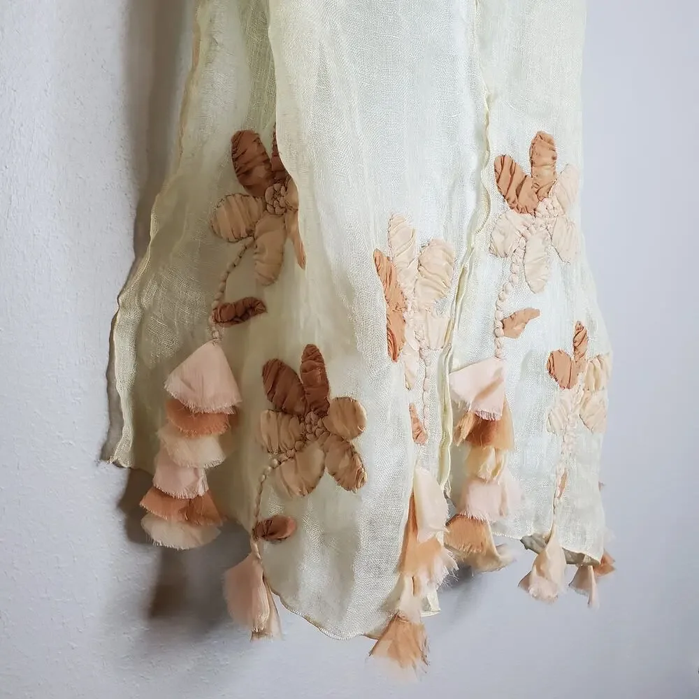 Unique Whimsical Linen Gauze Floral Applique Fringe Sheer Scarf Ethereal Earthy